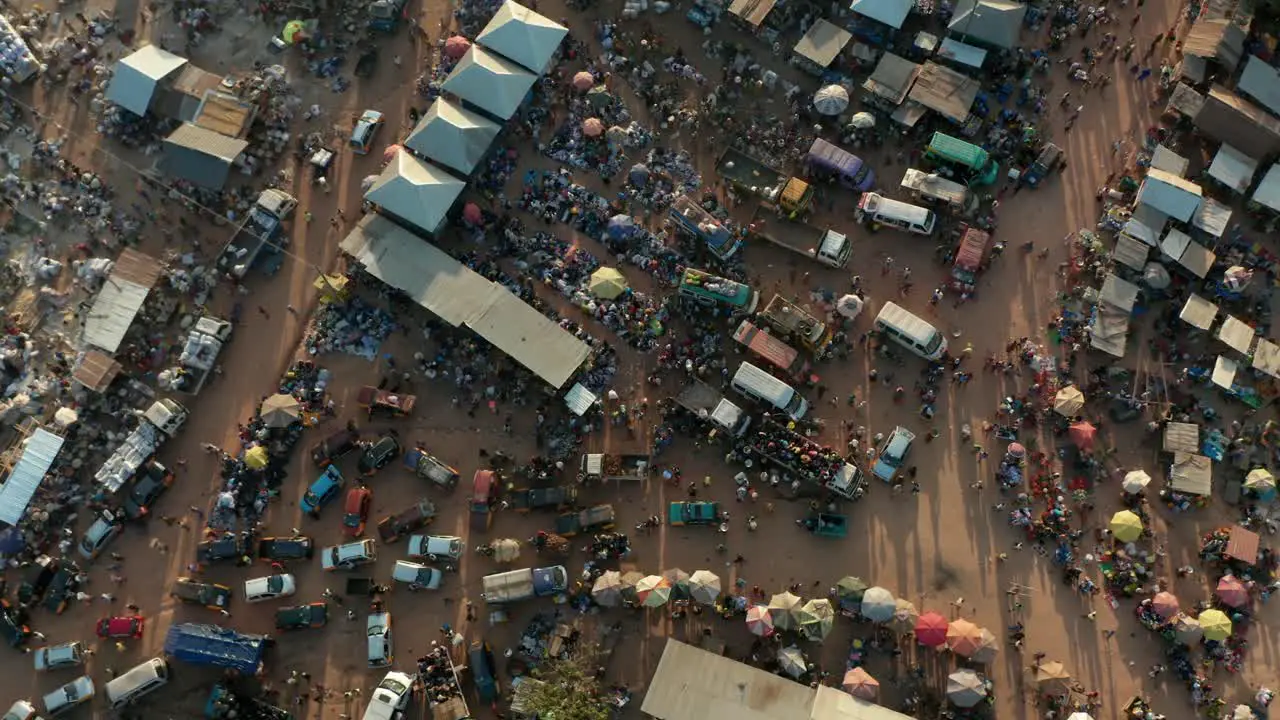 Aerial top down drone shot of African market in Ghana