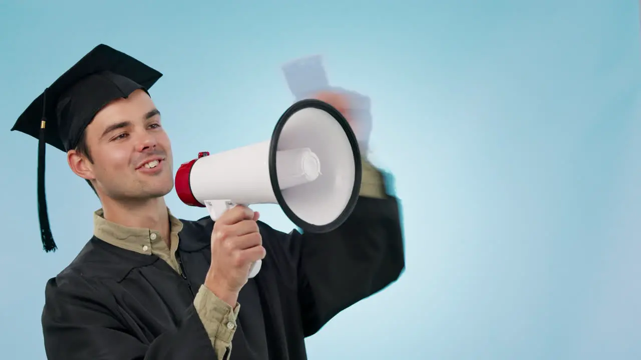 Studio man student and graduate megaphone speech