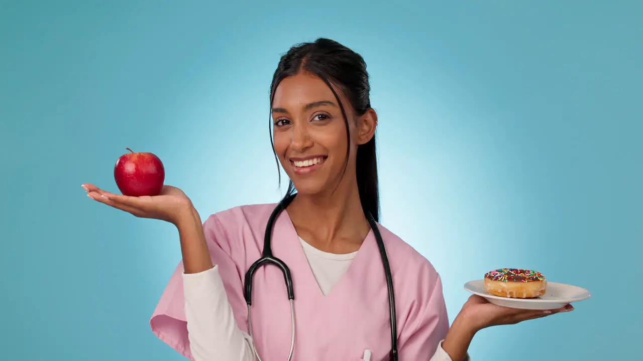 Woman doctor and choice of diet in hands