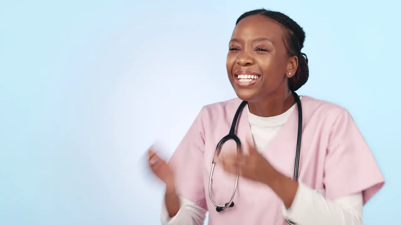 Healthcare doctor and woman in studio laughing