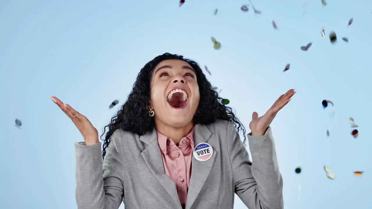 Winning celebration and confetti with woman