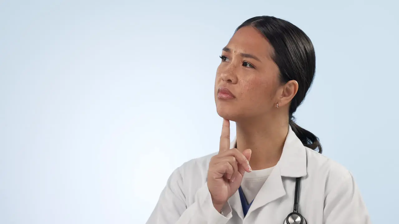 Thinking woman or doctor in studio with idea