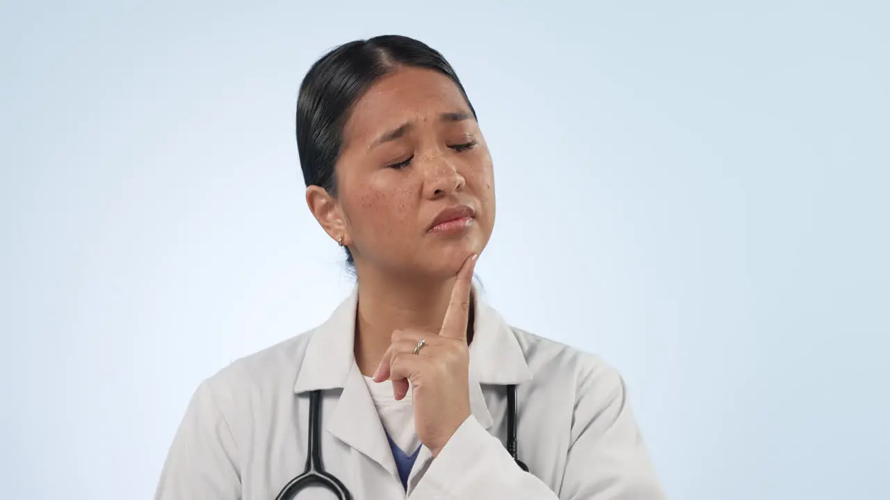 Thinking woman or doctor in studio with doubt