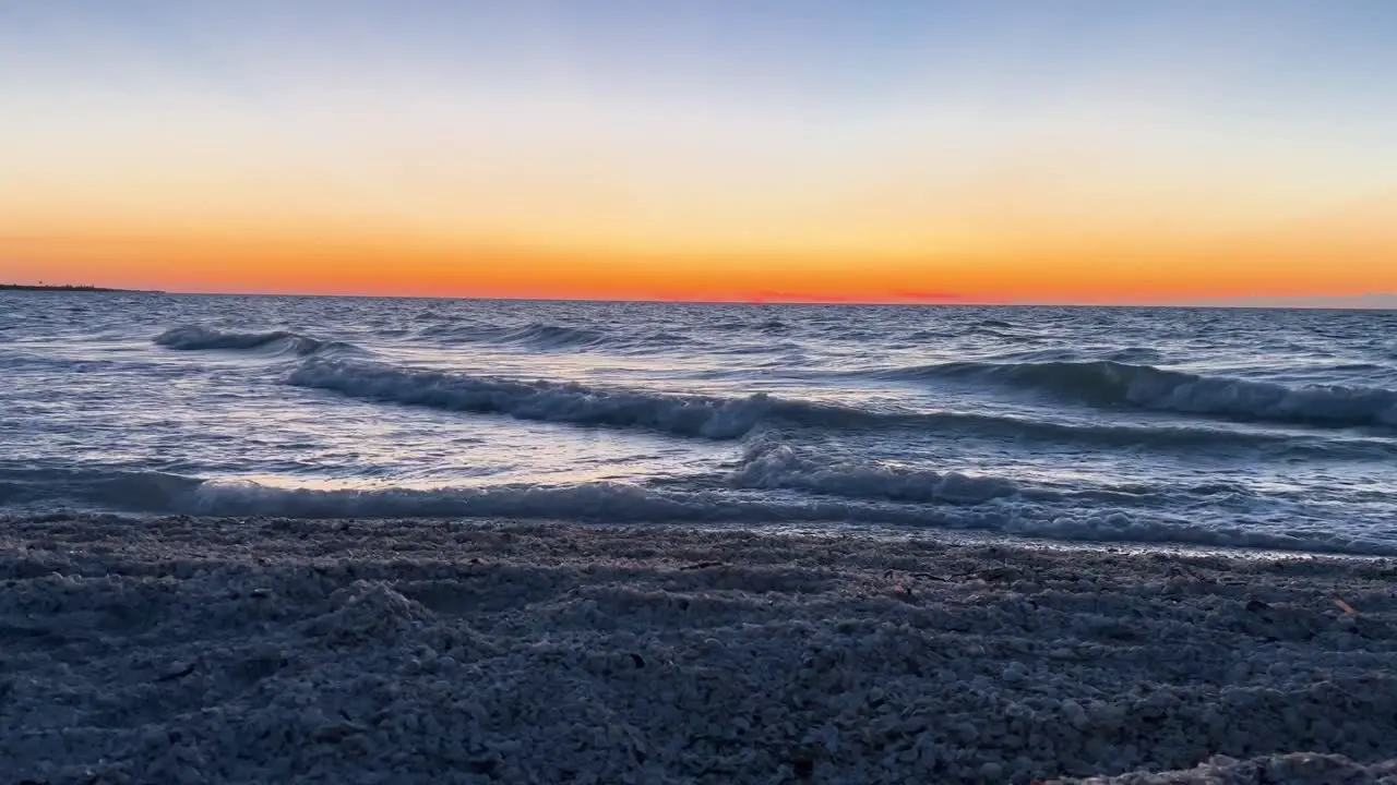 relaxing shot of seashells and ocean during sunset