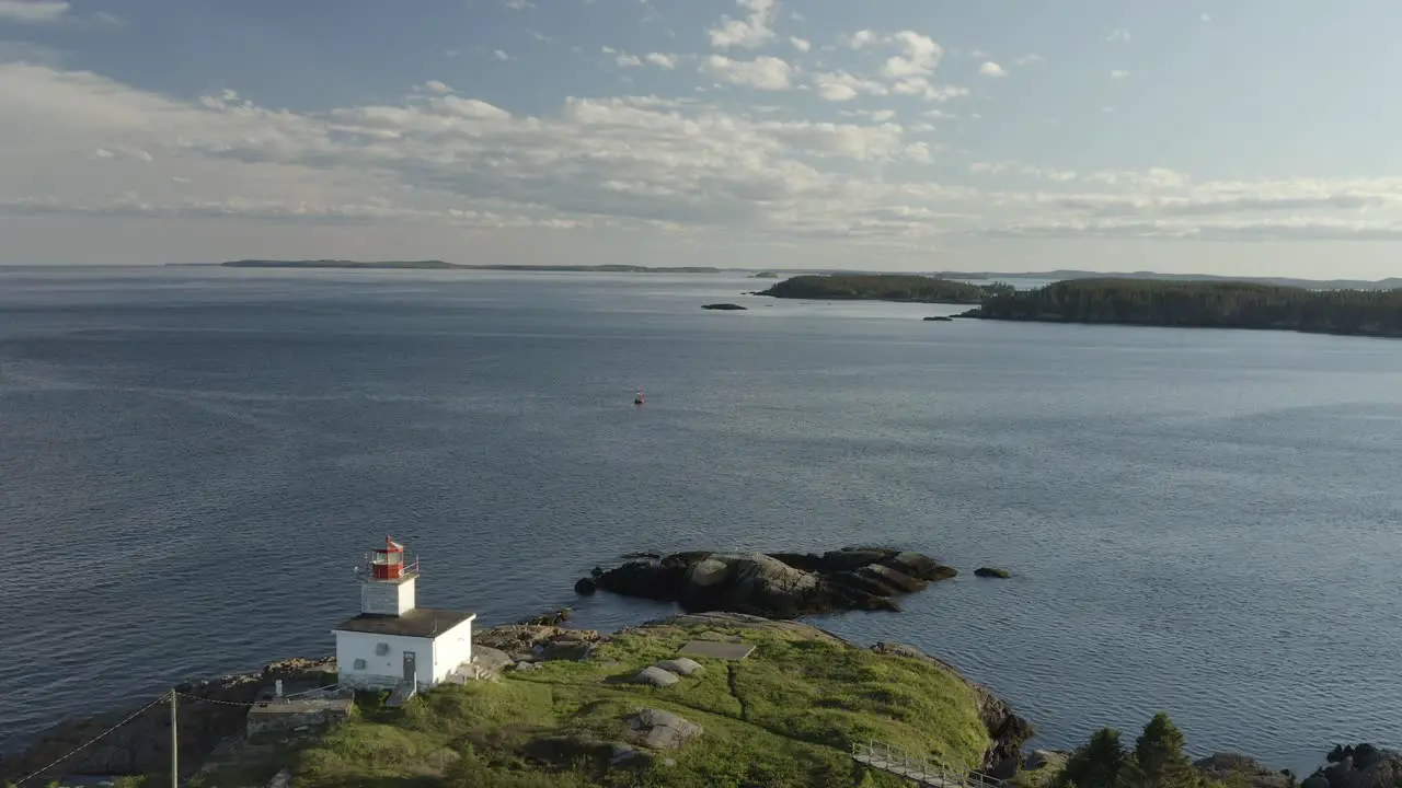 Fly by lighthouse with water in background