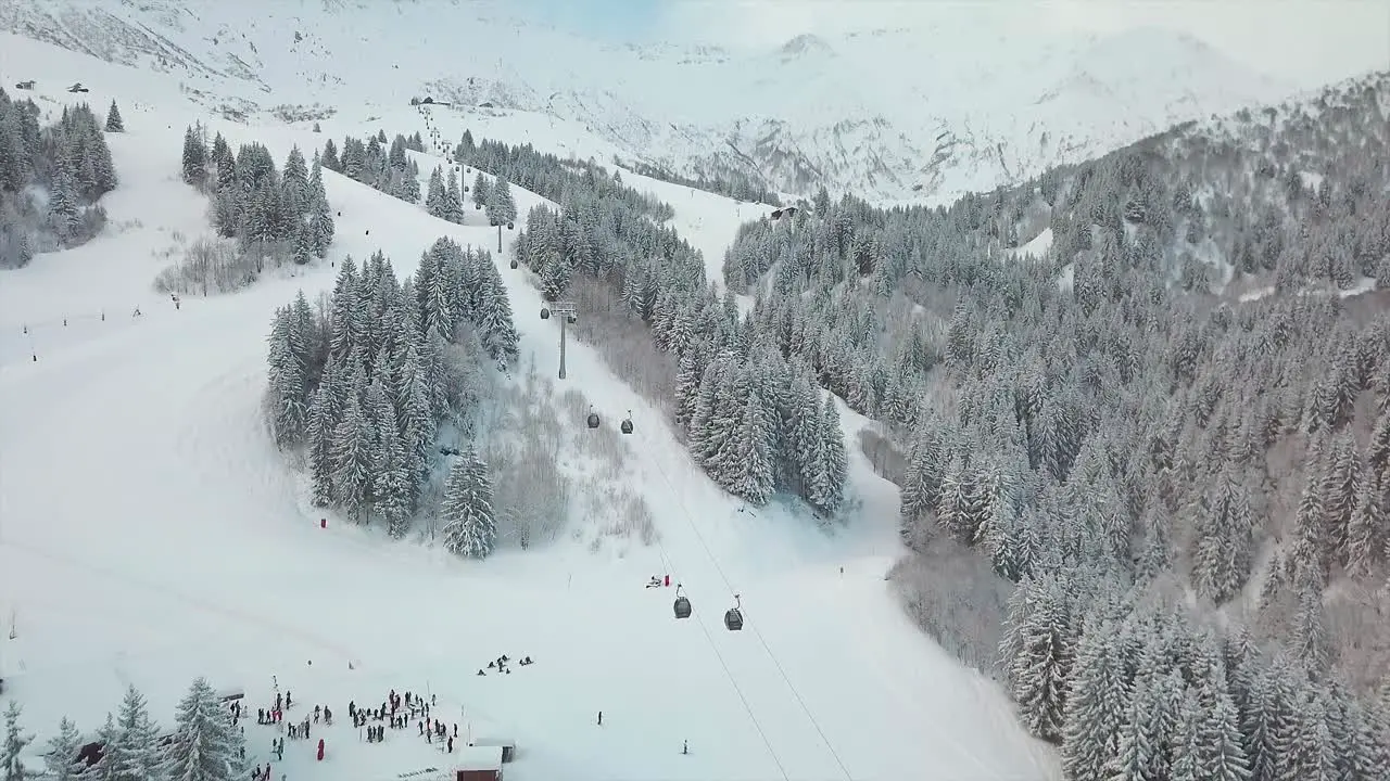 {Aerial} Drone View above a french snowy ski station during winter