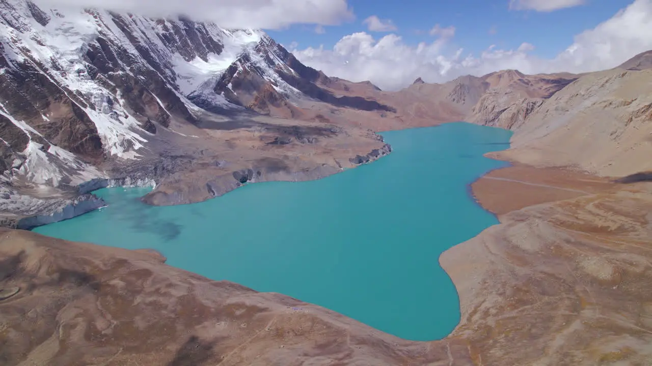 Landscape of World's highest-altitude lake at Nepal Annapurna Mountain Circuit Drone shot reveals beauty of Mountainous region open weather sunny pleasant vacation 4K