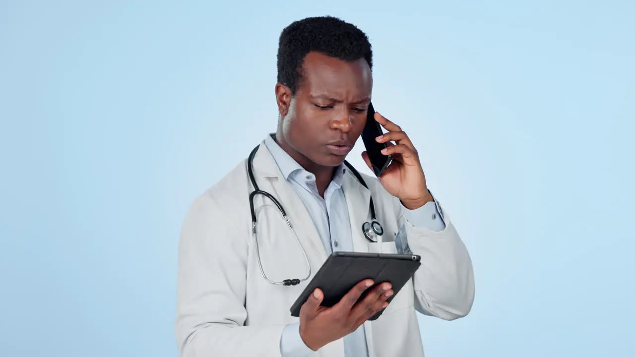 Black man phone call and tablet with doctor