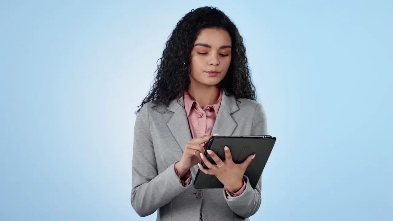 Business woman and tablet in studio for internet