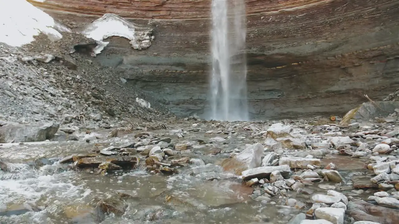 Pan up of stream and waterfall