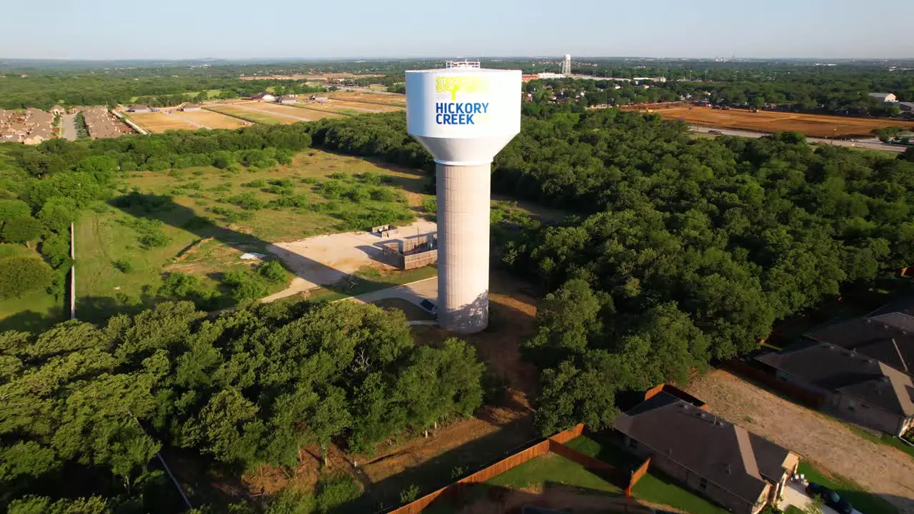 Aerial footage of water tower in Hickory Creek Texas