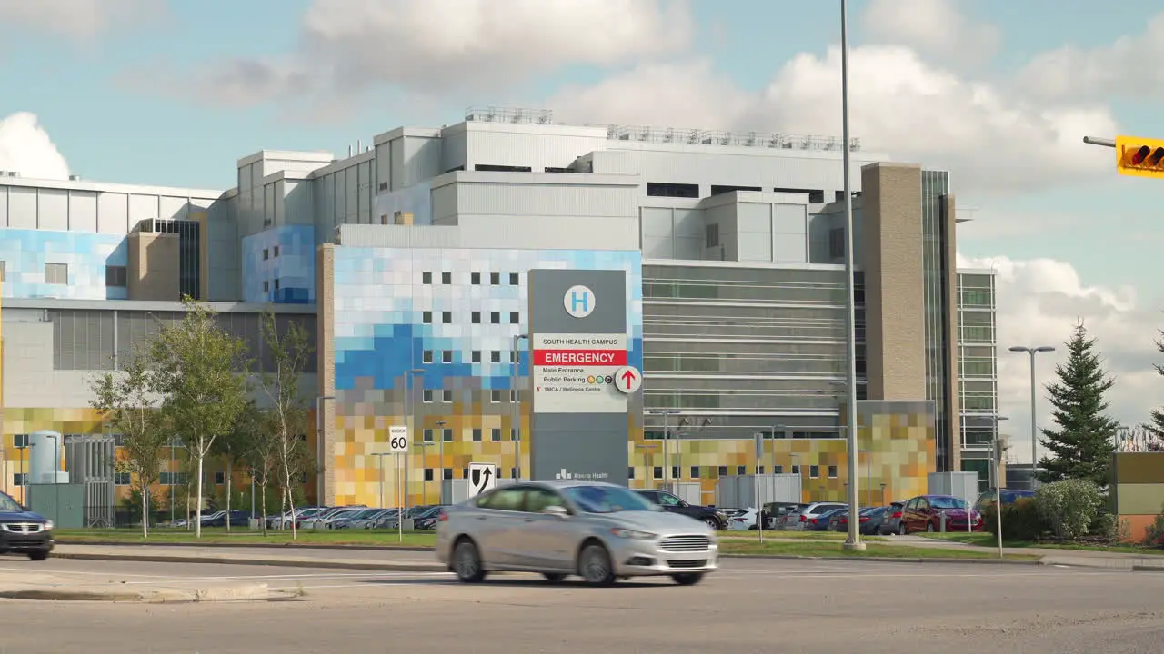 Hospital building in city during midday