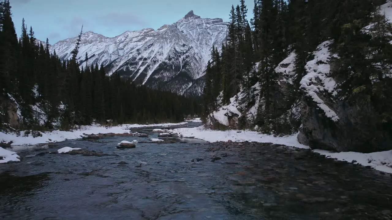 Creek in mountain forest downstream winter