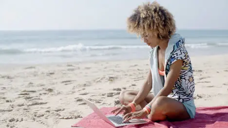 Girl Working With Laptop On The Sand Beach