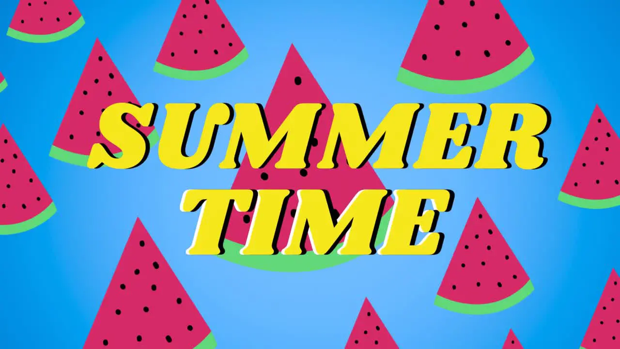 Animation of summer time over watermelons on blue background