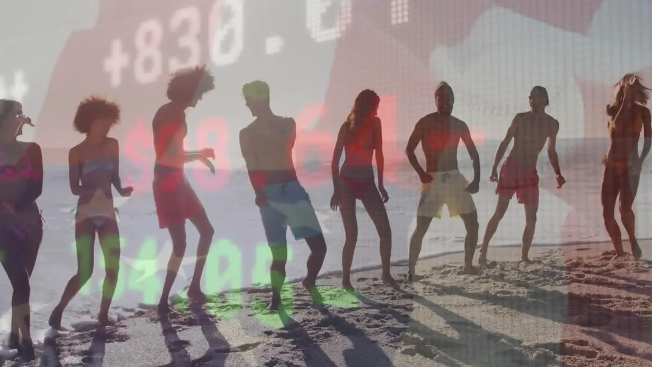 Stock market data processing against group of diverse friends dancing and enjoying on the beach