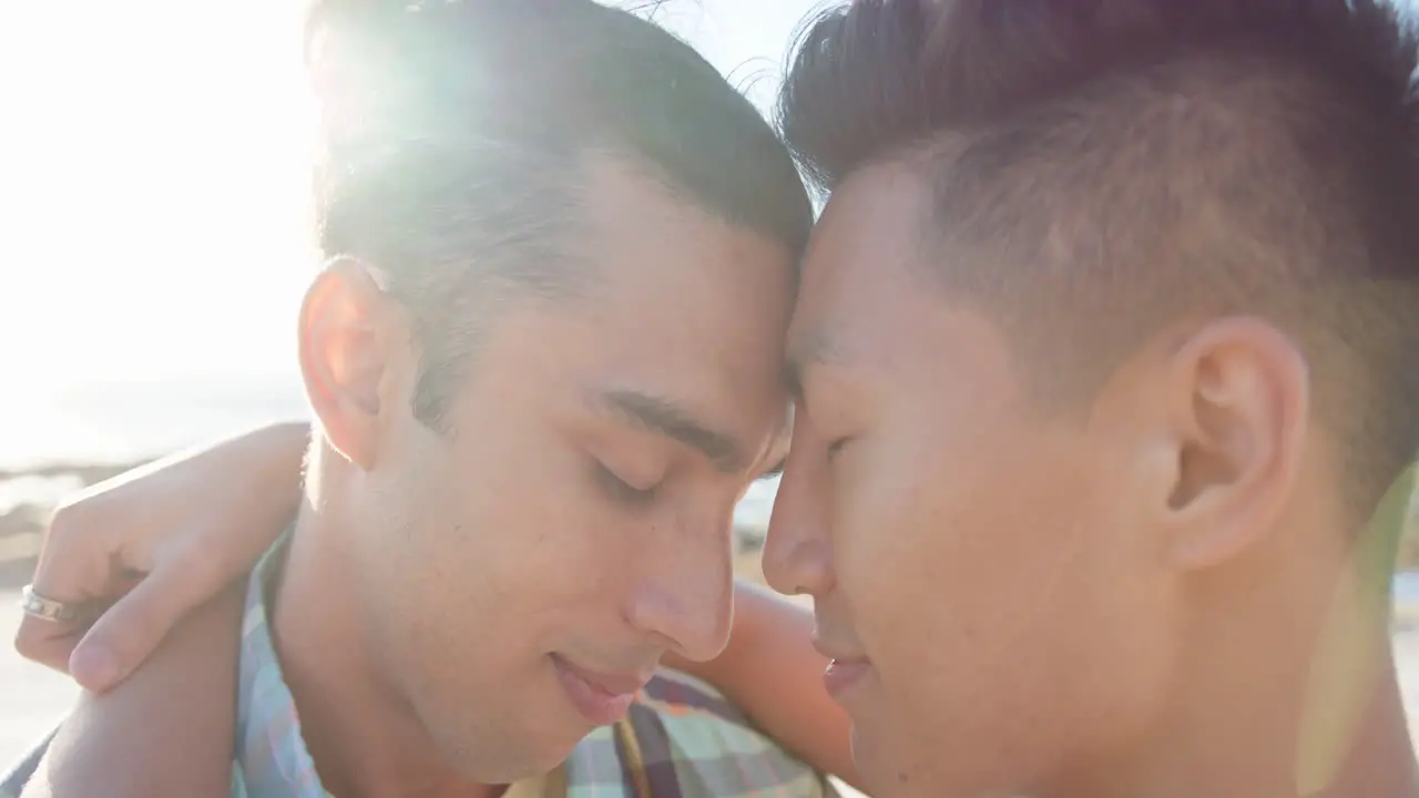 Happy diverse gay male couple embracing at promenade by the sea slow motion