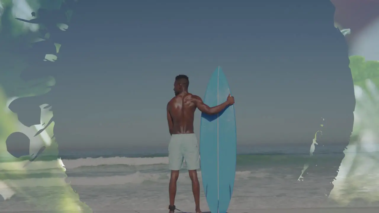 Animation of banner with copy space over rear view of a african american man with surfboard at beach