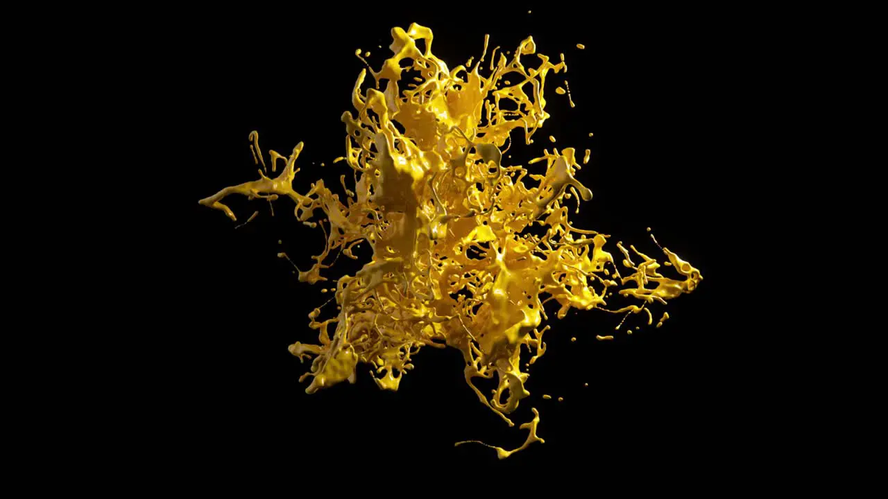 Yellow liquid splash in 3D animation capturing a dynamic freeform burst with glistening reflections on a black backdrop