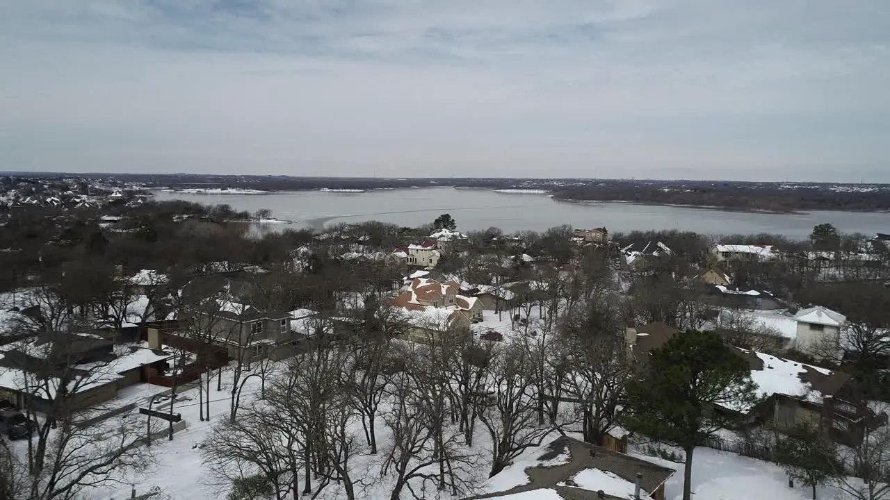 Aerial video flying over the city of Highland Village in Texas February 17th 2021 after snow storm