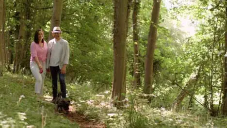 Wide Shot of a Middle Aged Couple Walking Through Scenic Woodland