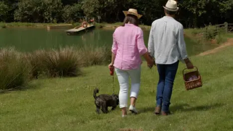 Tracking Shot Following Middle Aged Couple Walking Dog Next to Scenic Lake