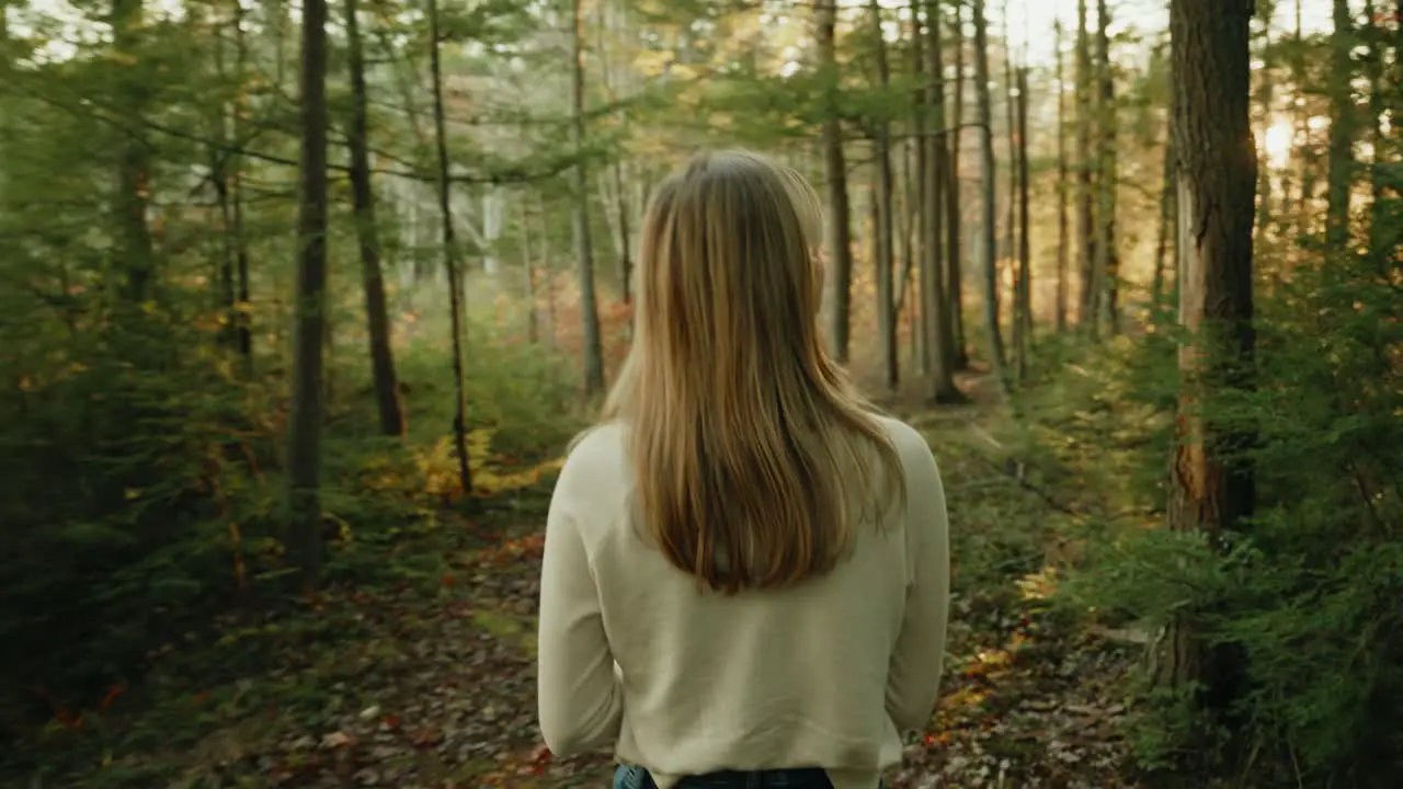 White shirt blond girl walking though the forest during sunset