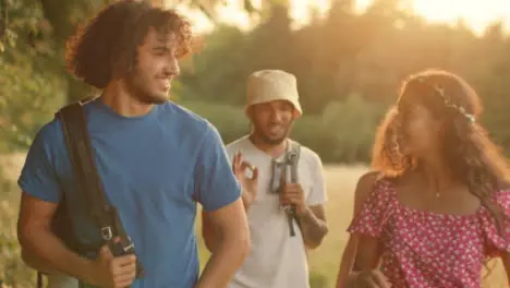 Tracking Shot of Group of Friends Walking Together at Sunset