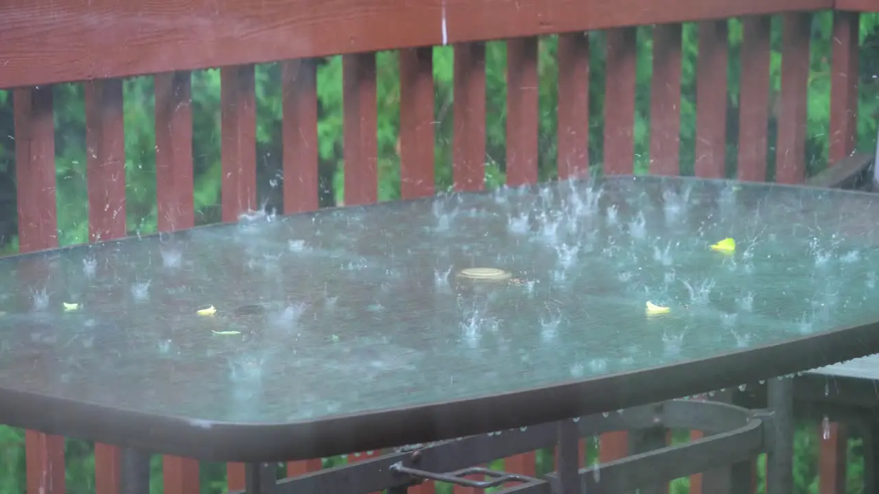 Hard Rain Hitting Outdoor Patio Table Downpour Stormy Weather