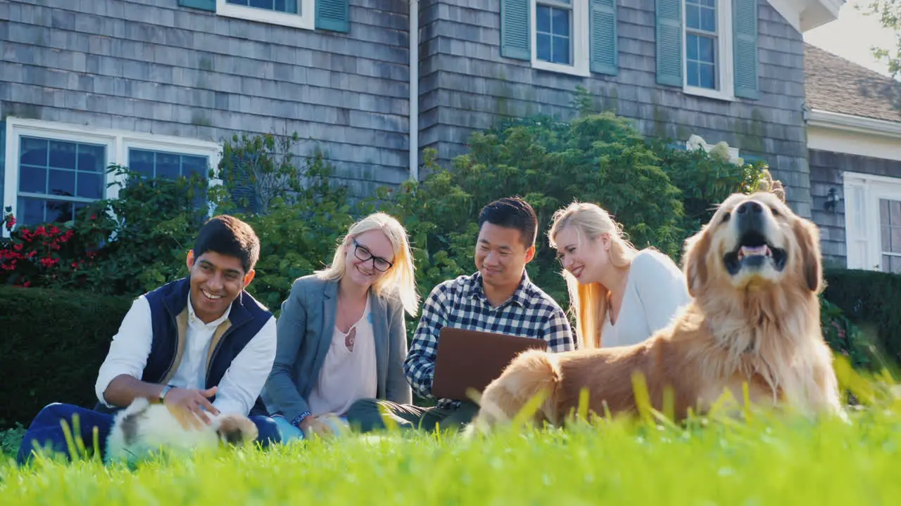 Group of Friends With Dogs and Laptop