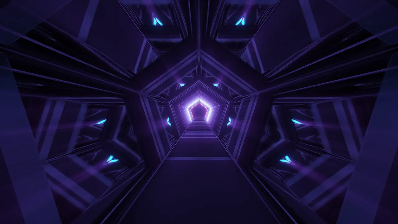 Violett red and purple lit pentagon shaped tunnel with bright path in futuristic hall way architecture 3d cgi rendered graphic animation