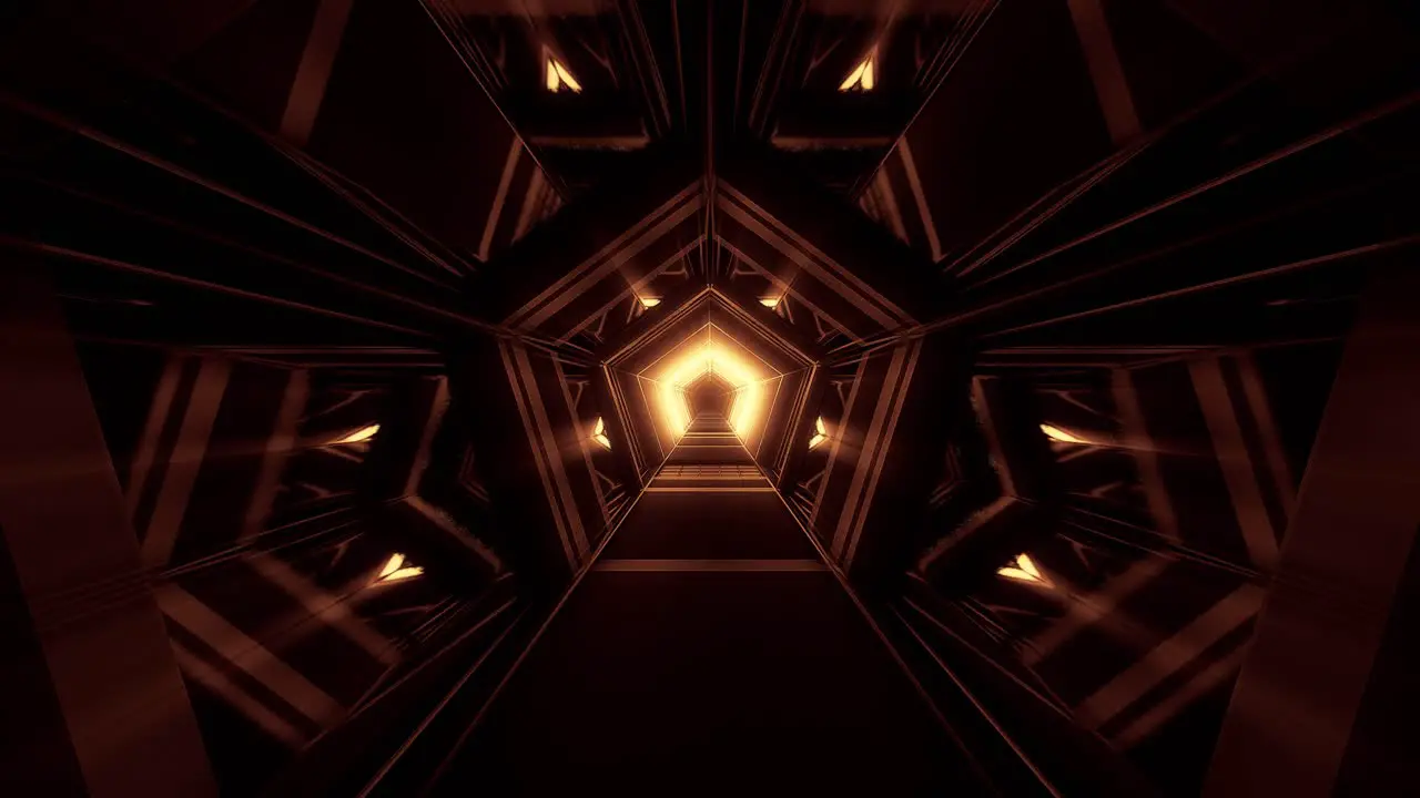 Gold lit pentagon shaped tunnel with bright path in futuristic hall way architecture 3d cgi rendered graphic animation