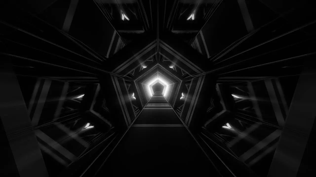 Black and white pentagon shaped tunnel with bright path in futuristic hall way architecture 3d cgi rendered graphic animation