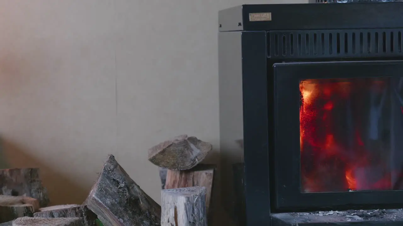 Wood logs ready to burn next to roaring indoor fireplace