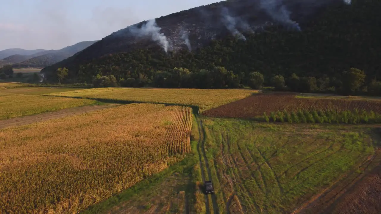 Aerial establishing of forest on fire above agricultural fields at sunset