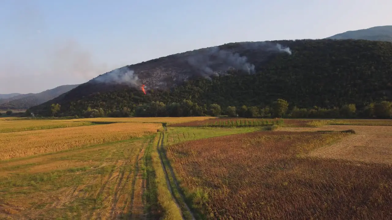 Aerial establishing ascend of wildfire in forest above agricultural fields