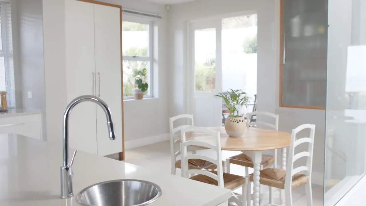 Big white empty kitchen with plants big wardrobe and table with chairs slow motion