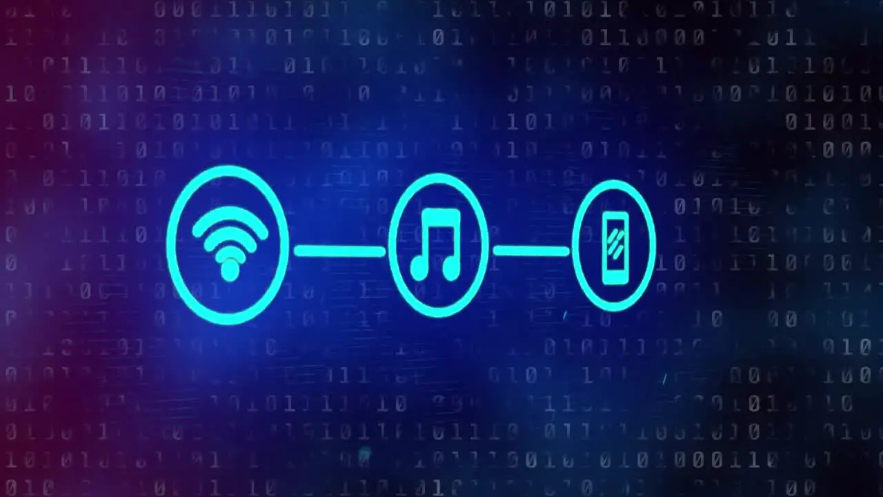 Animation of wifi music and smartphone connection with binary coding in background