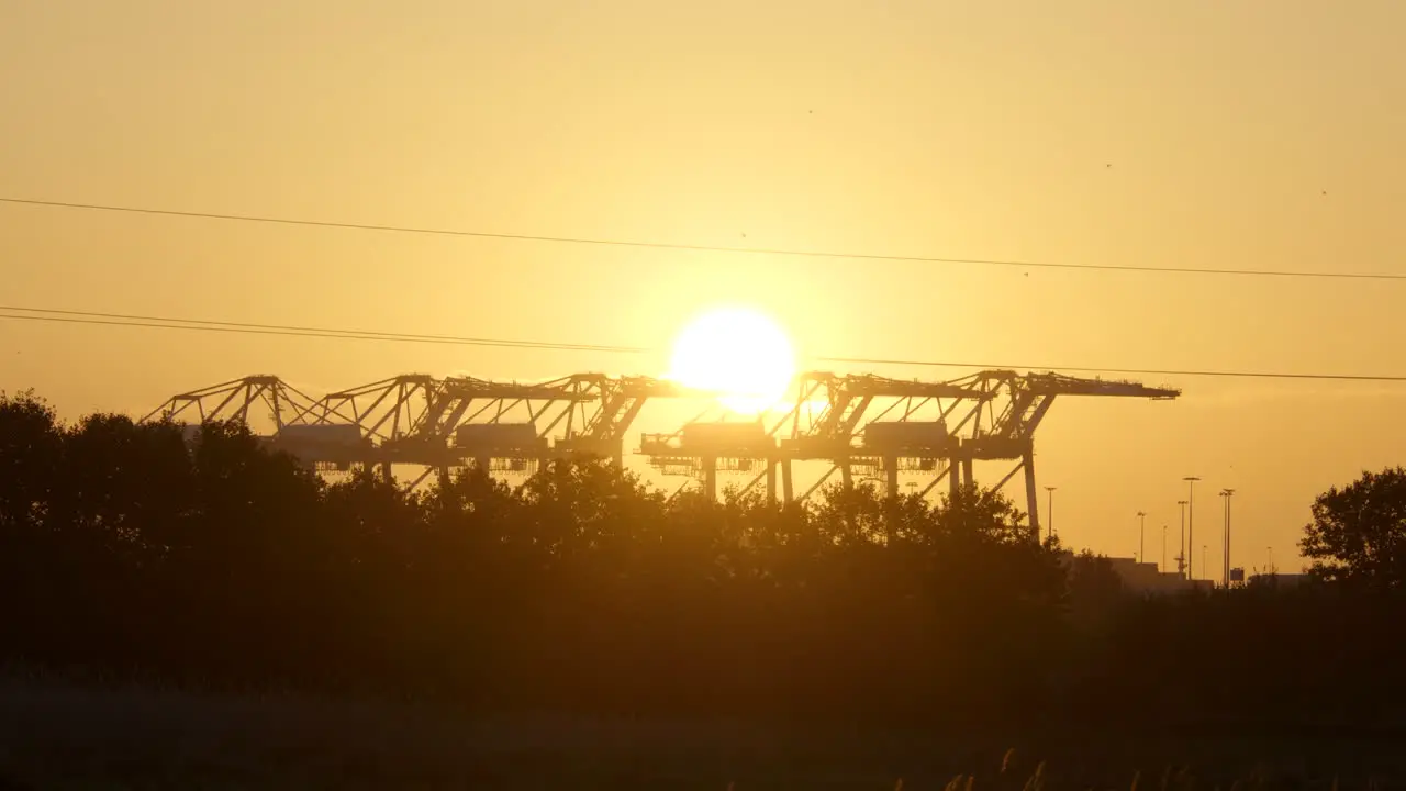 Static shot of glowing sunrise sky views over industrial shipping port cranes