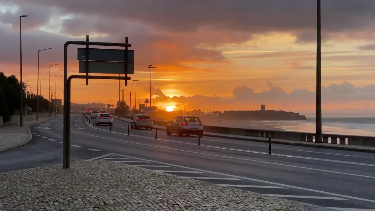 Stunning seascape during sunrise in Cascais beautiful colorful sky on horizon 4k