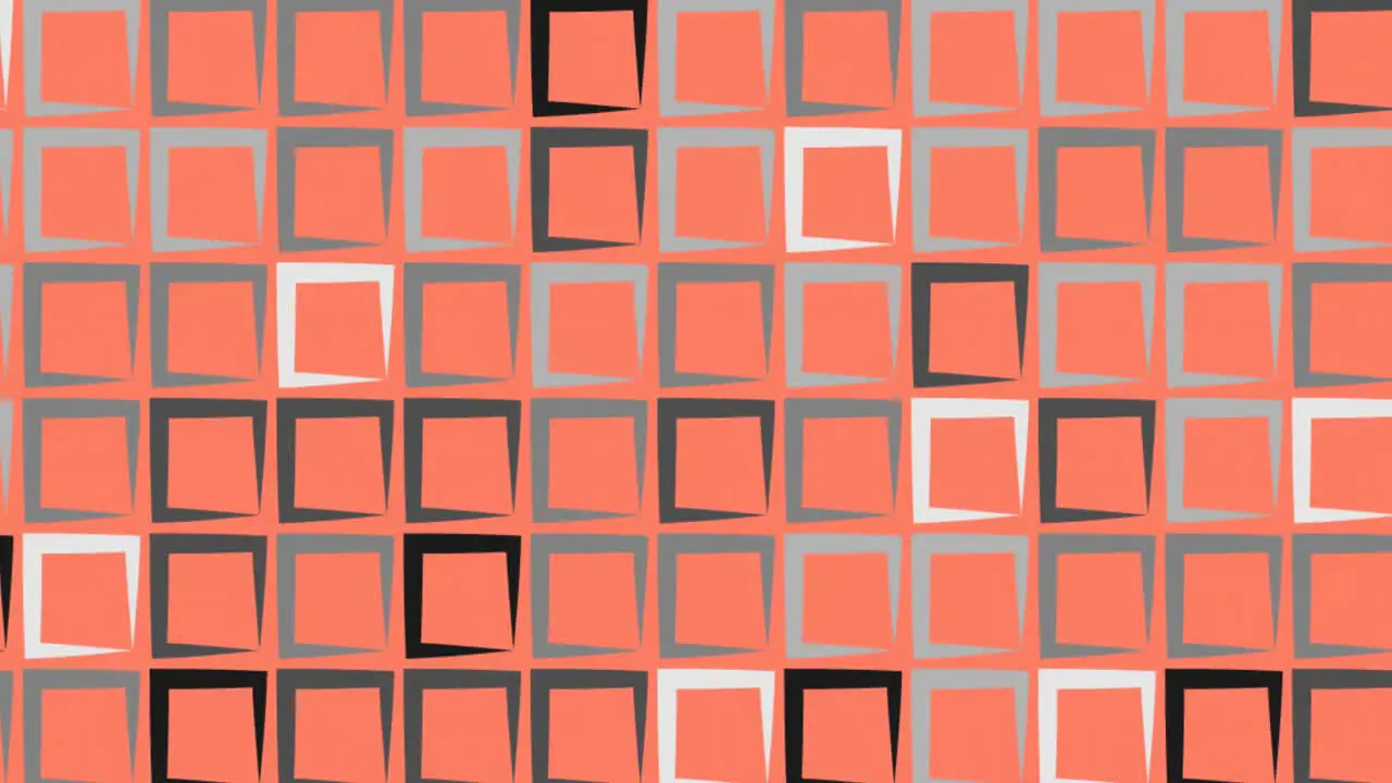 Digital animation of multiple grey square shapes moving against orange background