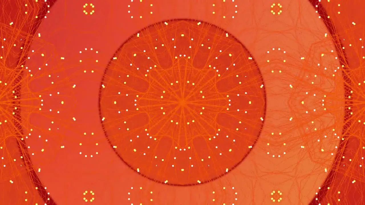 Digital animation of kaleidoscopic shapes moving in hypnotic motion against orange background