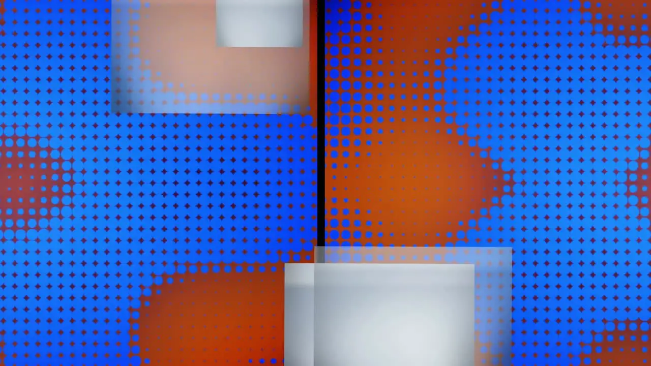 Animation of split screen with grey squares and blue pixels changing size on orange background