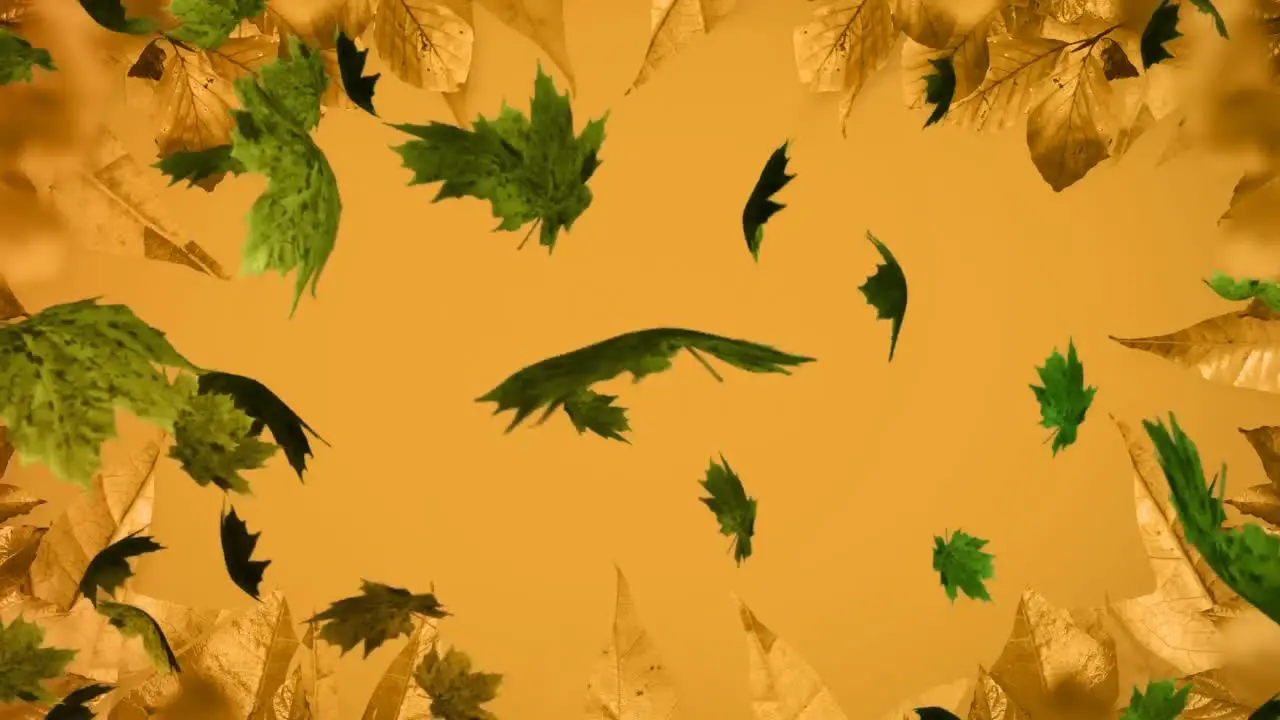 Animation of multiple autumn leaves falling on orange background