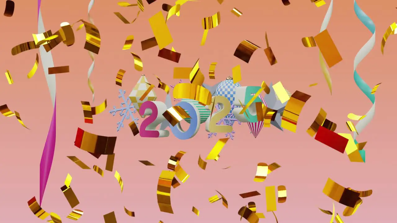 Animation of confetti falling over 2025 text and decorations on orange background