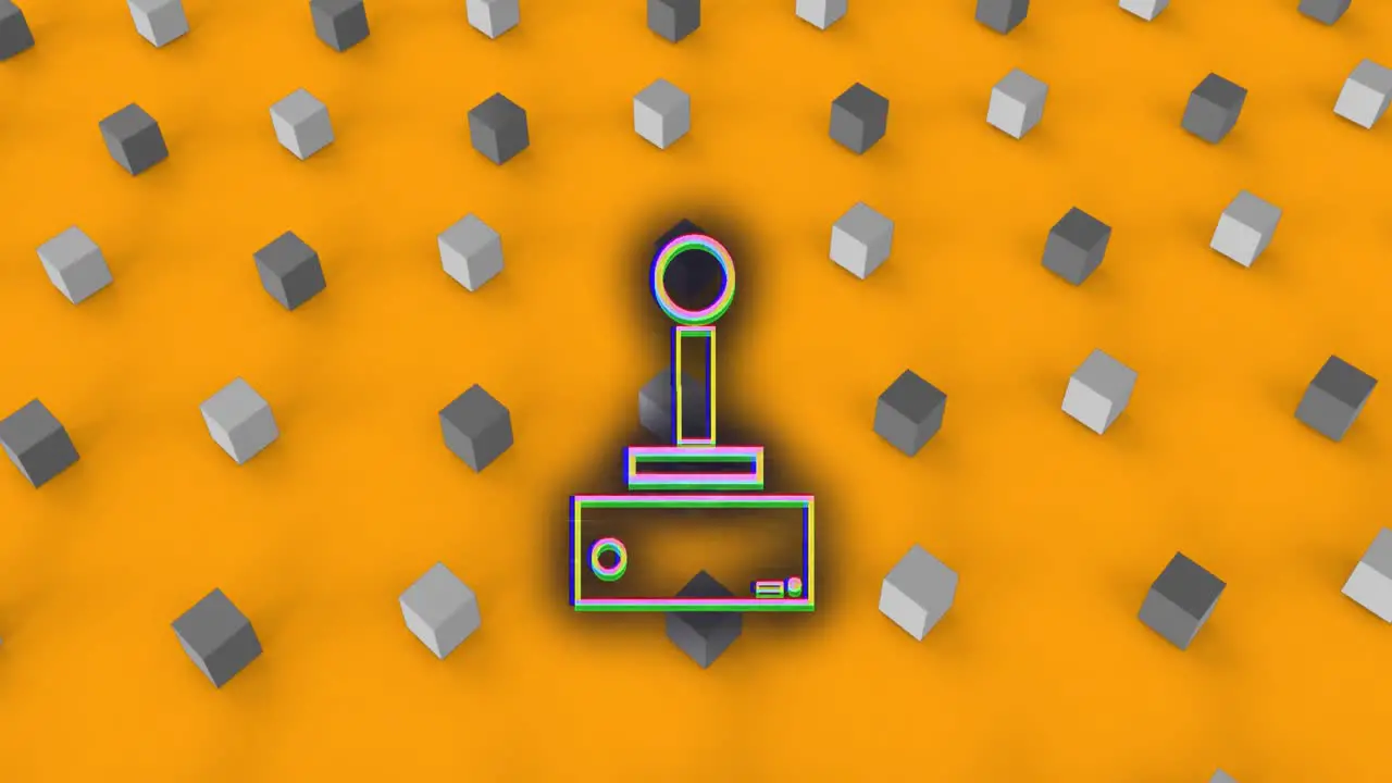 Animation of video game joystick over rows of cubes on orange background