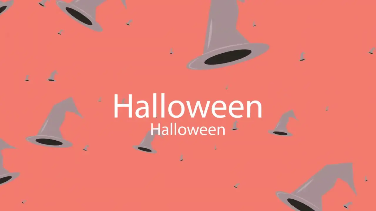 Animation of halloween writing and floating witch hats on orange background