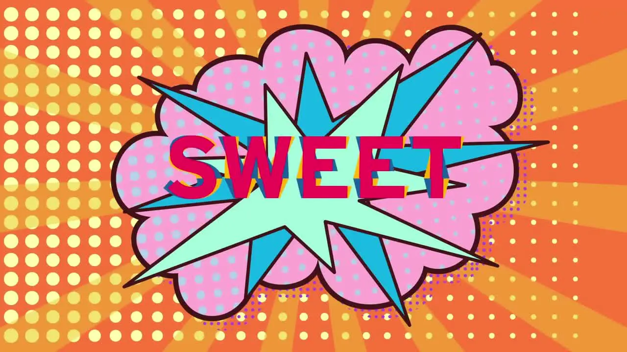 Animation of sweet text over pink retro comics shape on orange background