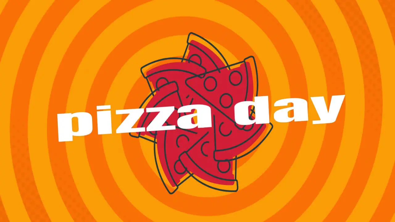 Animation of pizza day over pizza icons on orange background