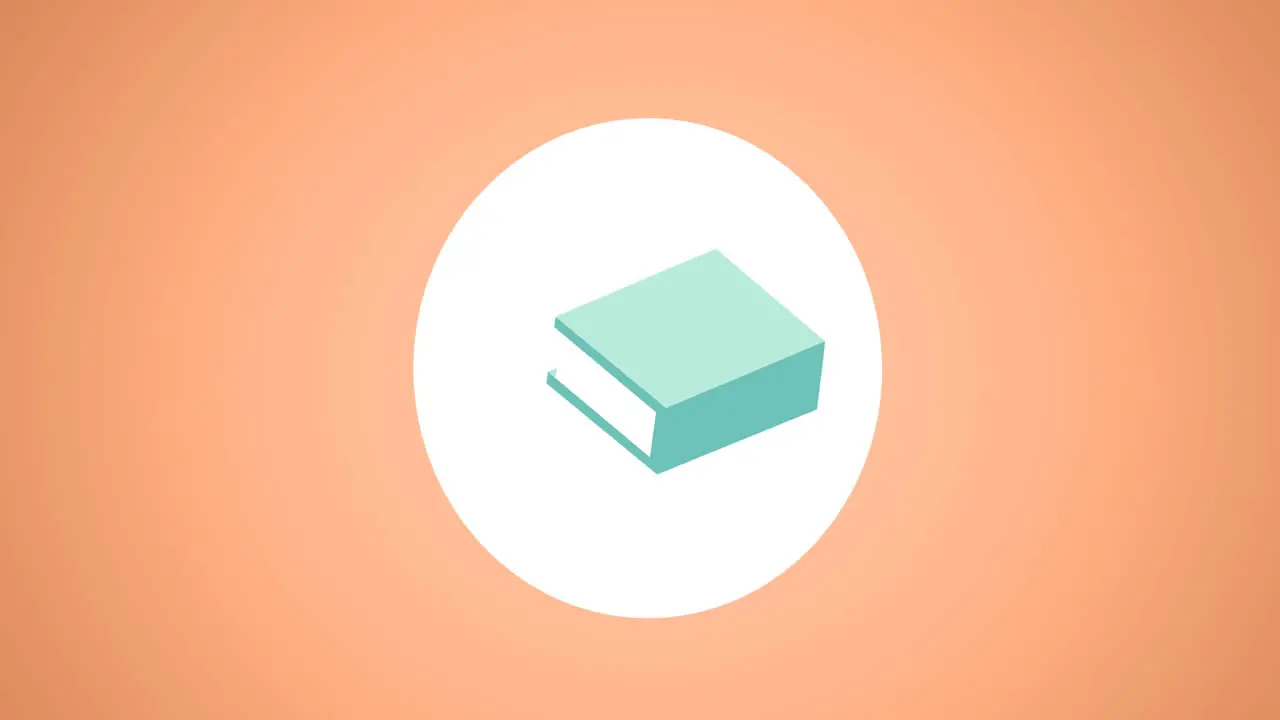 Digital animation of notebook icon over white circular banner against orange background